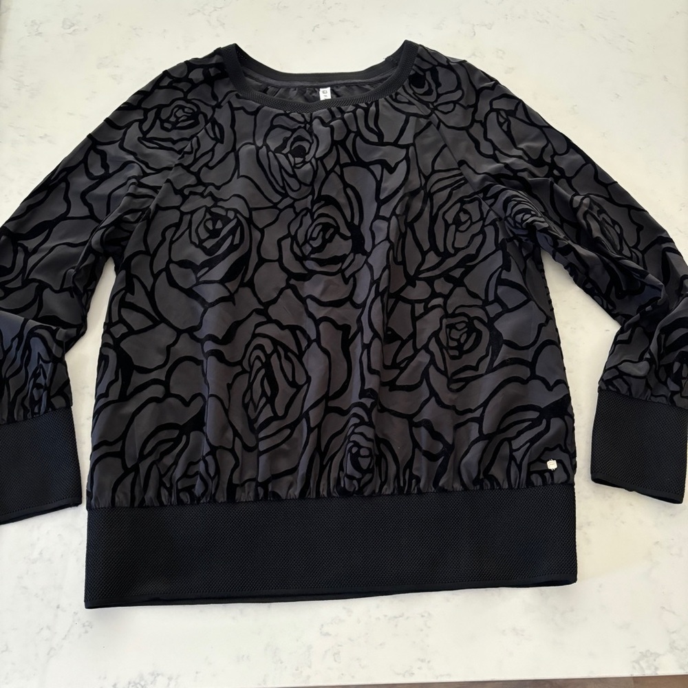 Fabletcis Lola Top Pullover Black Velour Rose Pattern Sz. L (b1)
